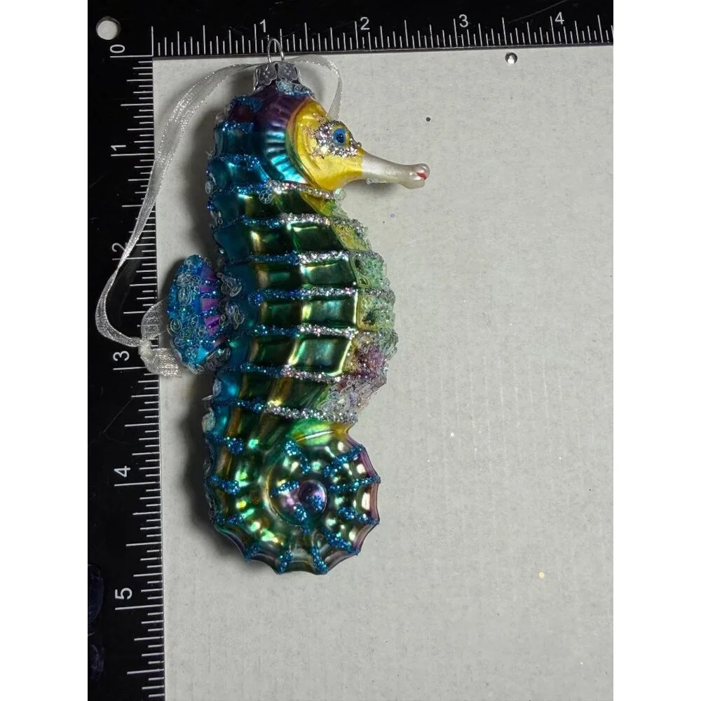 Pier One Seahorse Christmas Ornament With Glitter Design Blow Glass - Picture 4 of 4